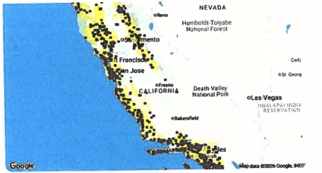 California map with coastal data points