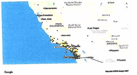 Map of Southern California coastline with city markers