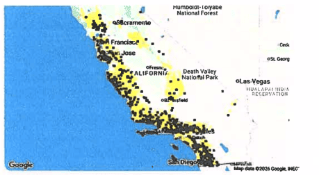 California coastline map with clustered data points