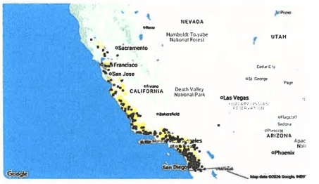 Map of California coastline with city markers